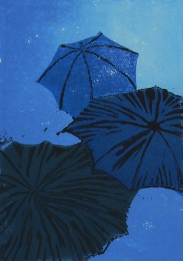 Die Sonne im Regenschirm 9-23 Linolschnitt 2015 32 x 50 cm